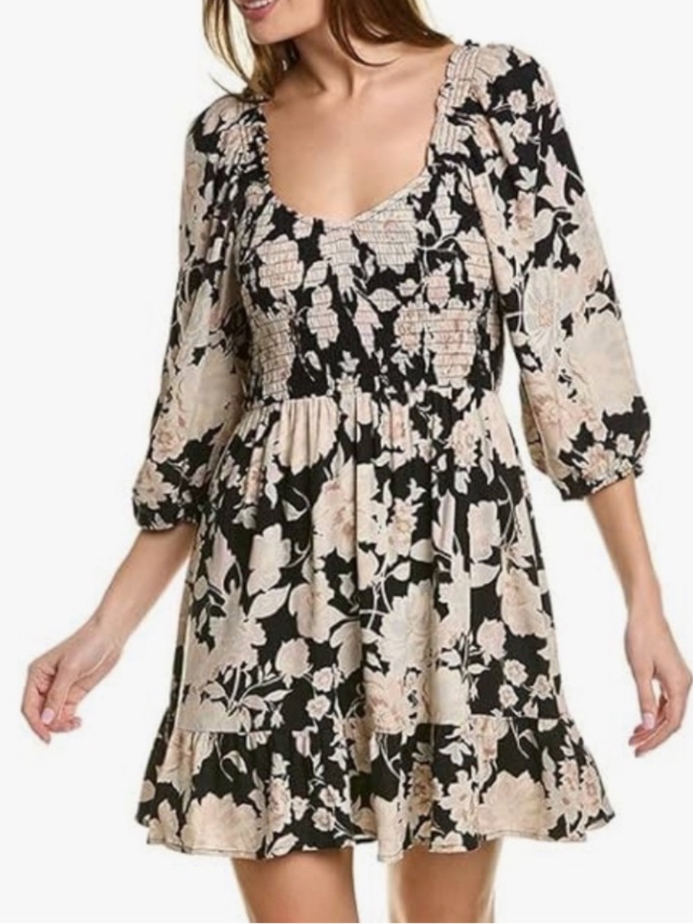 saltwater LUXE Black & Blush Floral Smocked Scoop-Neck Mini Dress